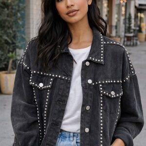 POL Studded Black Denim Jacket | Western Chic Oversized Jean Jacket | L